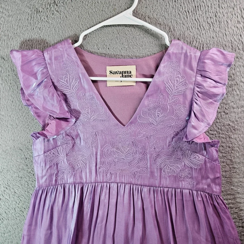 NEW Savanna Jane Dress Small Cap Sleeve Embroidered‎ Lined Shiny Purple - Picture 2 of 8